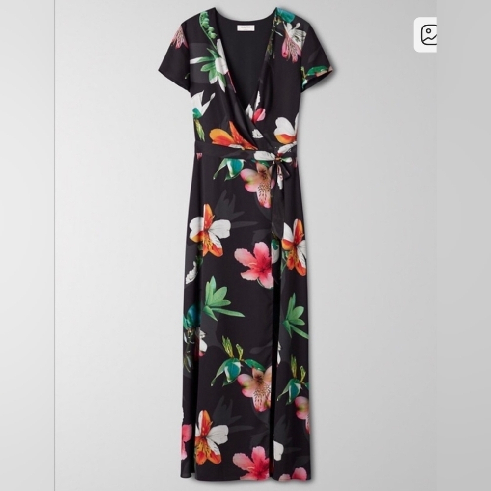 Aritzia Babaton Floral Maxi True Wrap Dress in Black and White Size 4 Holiday